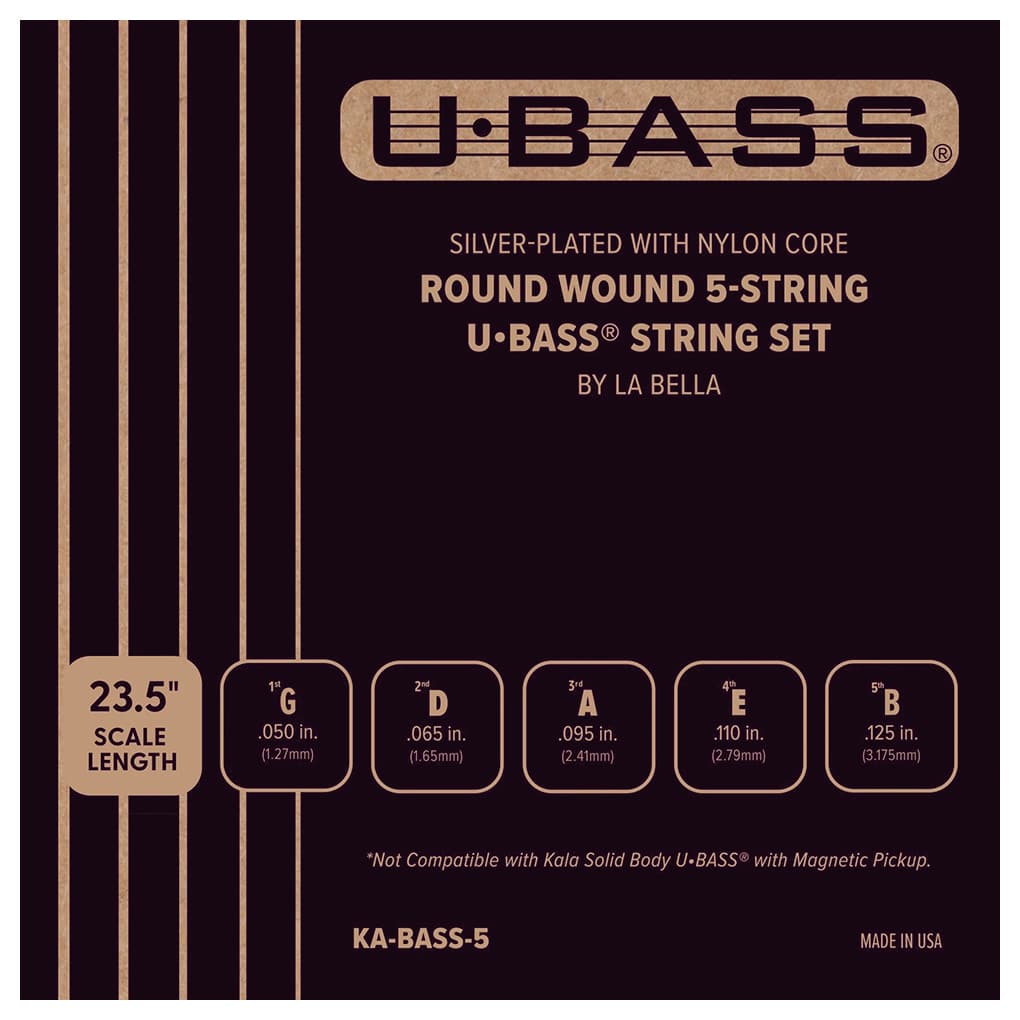 Kala La Bella – Round Wound Bass Ukulele Strings for UBass – Silver Plated & Nylon Core – 5 String Set – 23