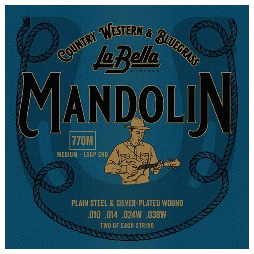 Mandolin Strings – La Bella 770M – Plain Steel – Silver Plated Copper – Medium – 10-38 – Loop End 1