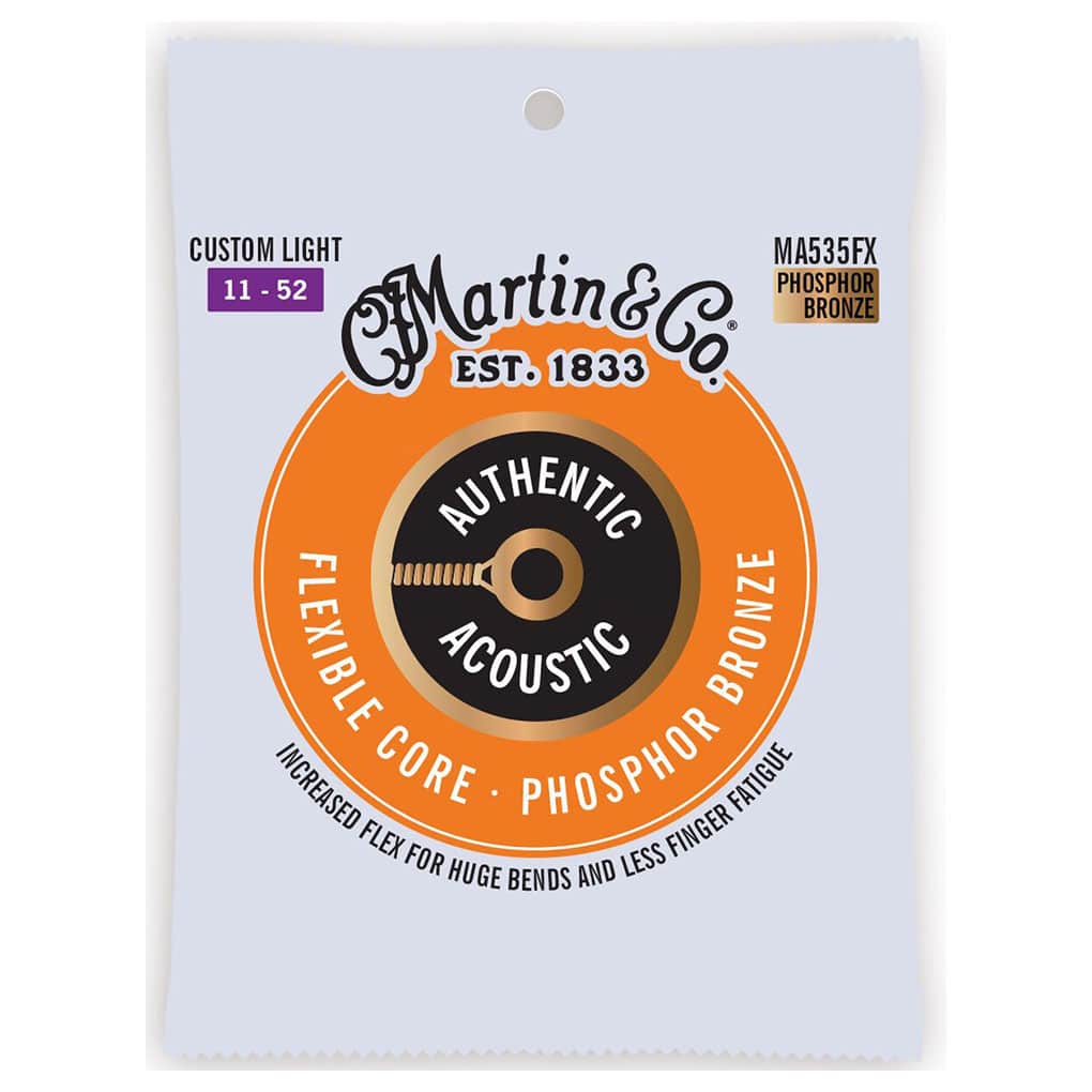 Acoustic Guitar Strings – Martin MA535FX – Authentic Acoustic Flexible Core – Phosphor Bronze – Custom Light – 11-52 1