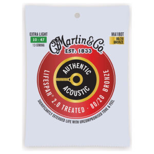 Acoustic Guitar Strings - Martin MA180T - 12 String - Authentic Acoustic Lifespan 2.0 Treated - 80/20 Bronze - Extra Light - 10-47