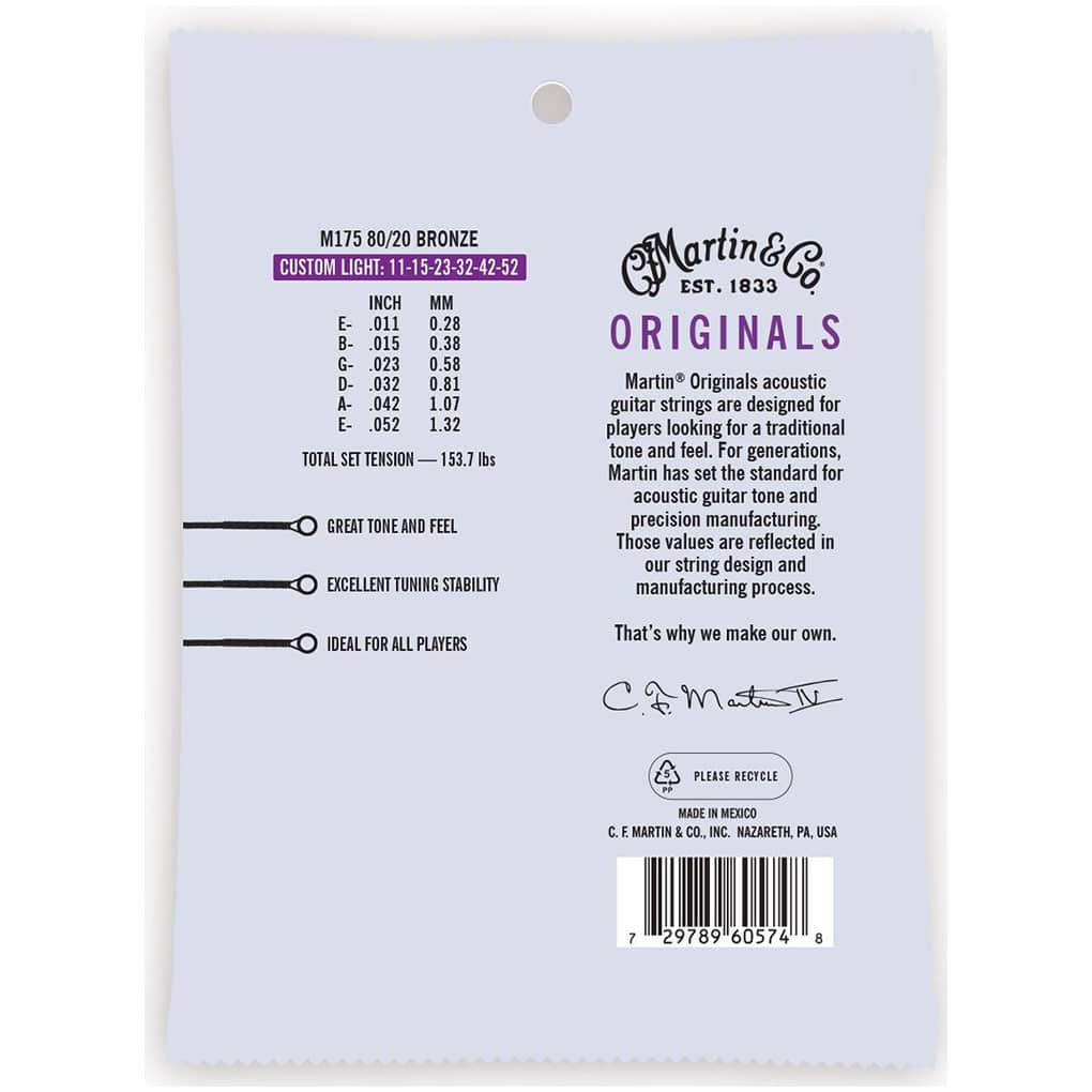 Acoustic Guitar Strings – Martin M175 – Originals – 80/20 Bronze – Custom Light – 11-52 2