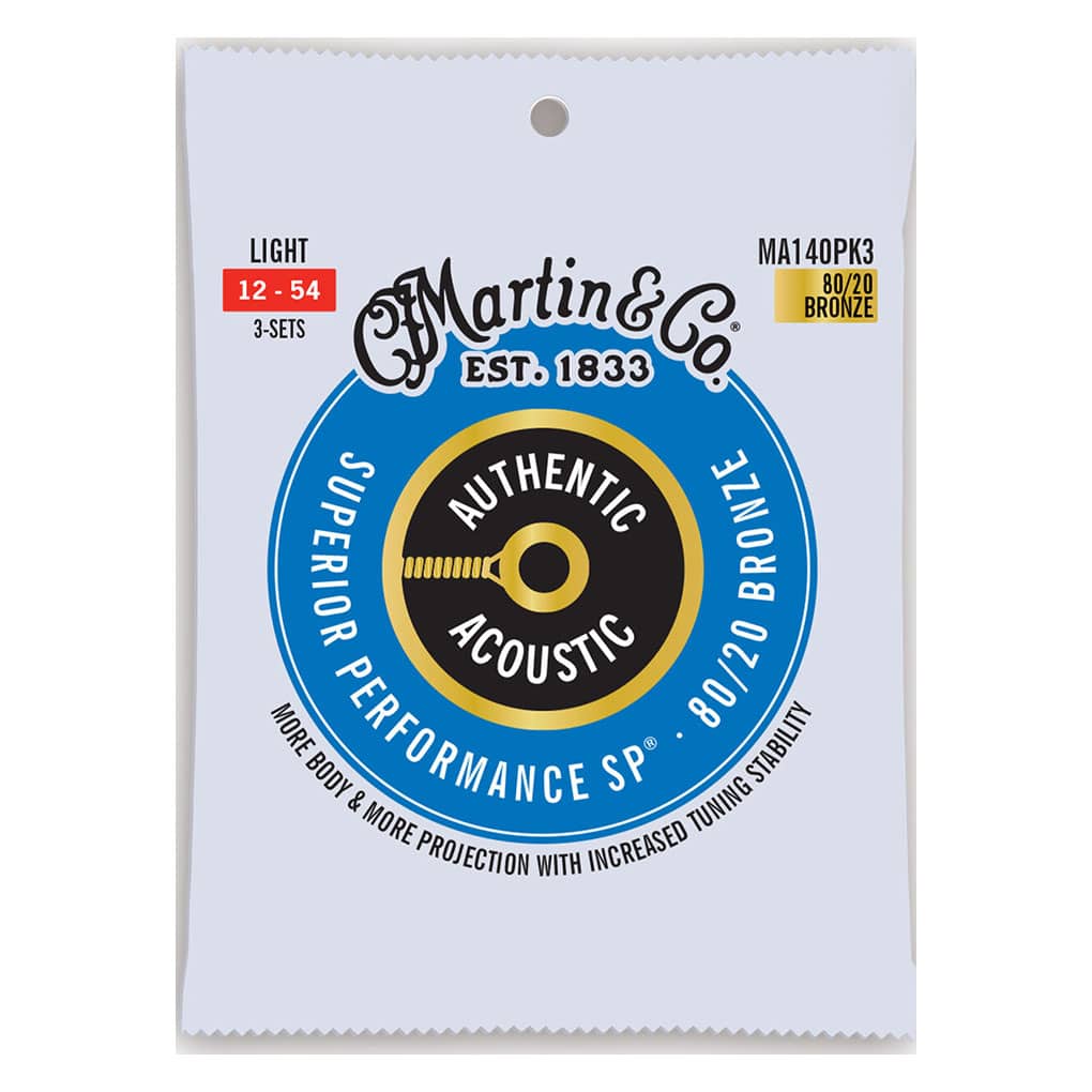 Acoustic Guitar Strings – Martin MA140PK3 – Authentic Acoustic Superior Performance SP – 80/20 Bronze – Light – 12-54 – 3 Pack 1