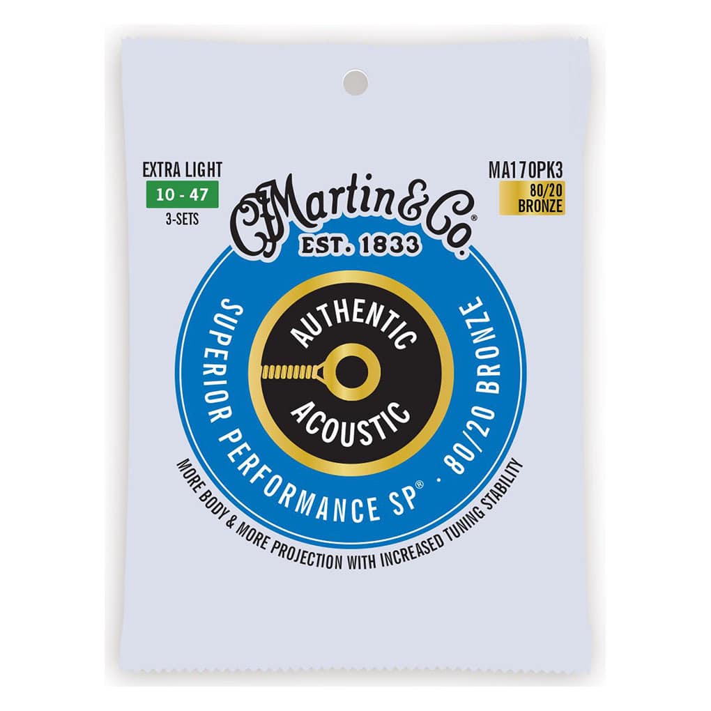 Acoustic Guitar Strings – Martin MA170PK3 – Authentic Acoustic Superior Performance SP – 80/20 Bronze – Extra Light – 10-47 – 3 Pack 1