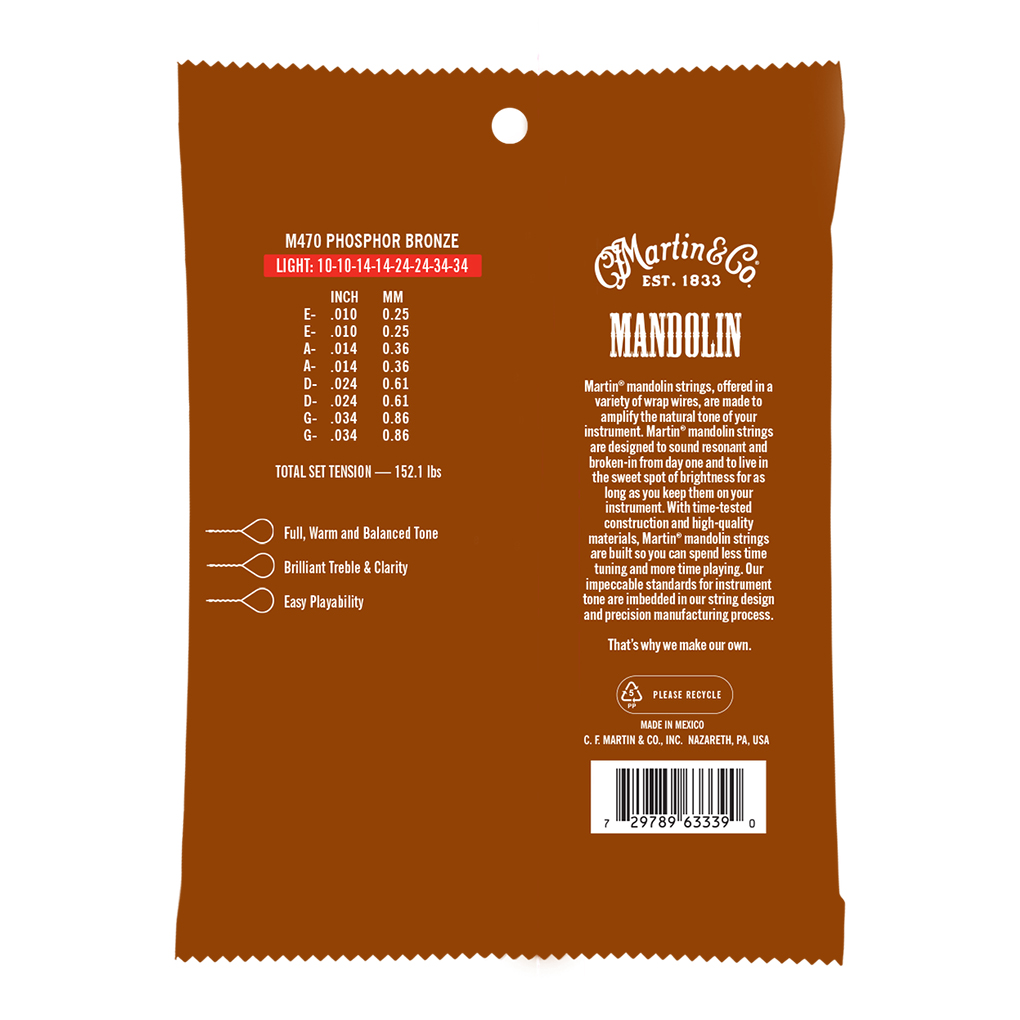 Mandolin Strings – Martin M470 – Phosphor Bronze – Light – 10-34 – Loop End 2
